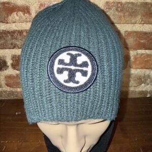 Tory Burch Color Block Logo Embroidered Merino Wool Beanie Hat Green NWT $138 Tory Burch Color Block Logo Embroidered Merino Wool  main image 3